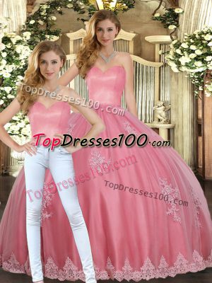 Clearance Sweetheart Sleeveless Quinceanera Gown Floor Length Appliques Watermelon Red Tulle