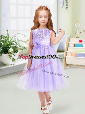 Chic Lavender Empire Sequins and Hand Made Flower Flower Girl Dress Zipper Organza Sleeveless Tea Length