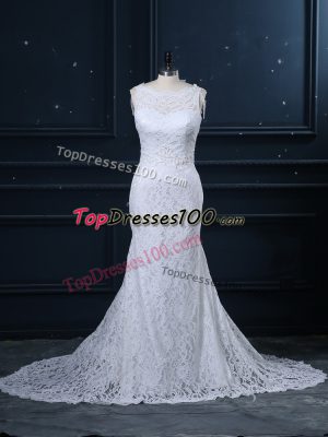 White Backless Wedding Gown Lace Sleeveless Brush Train
