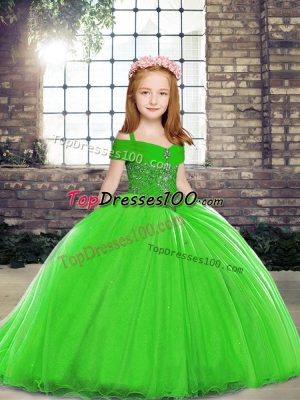 Green Tulle Lace Up Pageant Dress for Womens Sleeveless Brush Train Beading