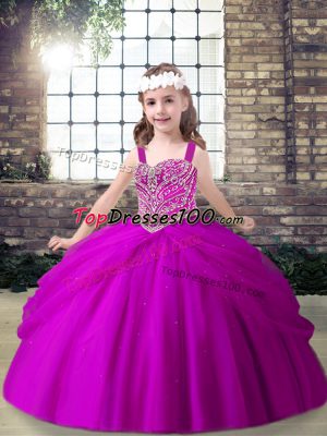 Most Popular Fuchsia Lace Up Straps Beading and Pick Ups Little Girl Pageant Dress Tulle Sleeveless