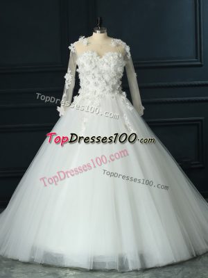 Fashionable White Lace Up Scoop Lace and Appliques Wedding Gowns Tulle 3 4 Length Sleeve Court Train