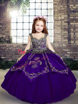 Fashionable Purple Ball Gowns Embroidery Kids Pageant Dress Lace Up Tulle Sleeveless Floor Length