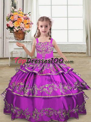 High End Purple Straps Lace Up Embroidery and Ruffled Layers Pageant Gowns For Girls Sleeveless