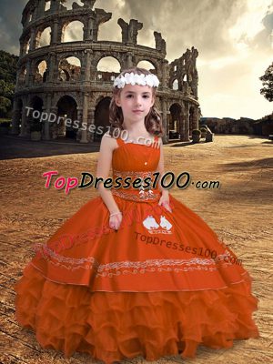 Orange Red Sleeveless Floor Length Embroidery and Ruffled Layers Zipper Pageant Gowns For Girls