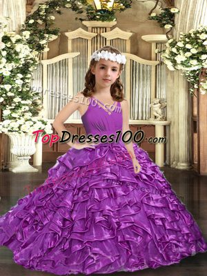 Perfect Sleeveless Organza Floor Length Zipper Evening Gowns in Purple with Ruffles and Ruching