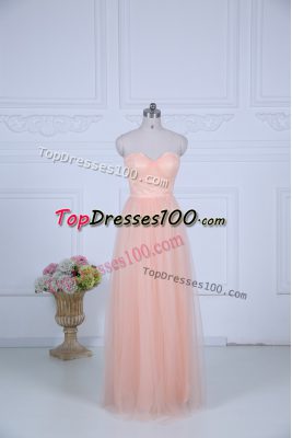 Sleeveless Tulle Floor Length Zipper Quinceanera Court of Honor Dress in Peach with Ruching