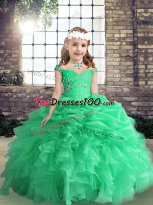 New Style Floor Length Apple Green Little Girls Pageant Dress Straps Sleeveless Lace Up