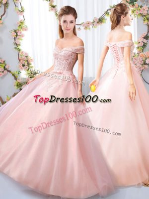 Customized Pink Lace Up Bridesmaid Dress Appliques and Belt Sleeveless Floor Length