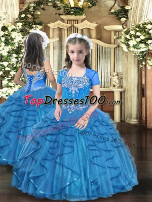 Straps Sleeveless Lace Up Little Girls Pageant Dress Wholesale Baby Blue Tulle