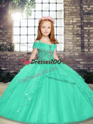 High Class Aqua Blue Ball Gowns Tulle Straps Sleeveless Beading Floor Length Lace Up Pageant Dress for Girls