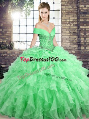 Latest Lace Up 15 Quinceanera Dress Apple Green for Military Ball and Sweet 16 and Quinceanera with Beading and Ruffles Brush Train