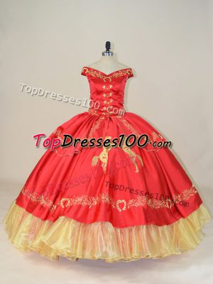 Luxury Sleeveless Floor Length Embroidery Lace Up Quinceanera Dress with Red