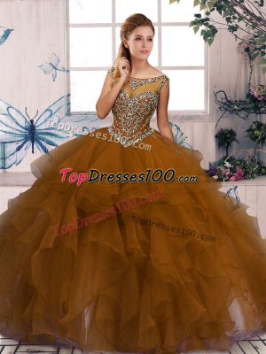 Brown Organza Zipper Sweet 16 Dress Sleeveless Floor Length Beading and Ruffles