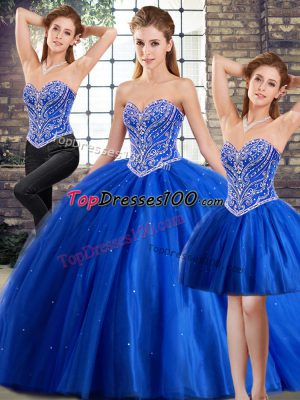 Comfortable Blue Ball Gowns Beading Ball Gown Prom Dress Lace Up Tulle Sleeveless