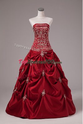 Elegant Taffeta Strapless Sleeveless Lace Up Embroidery and Pick Ups Quinceanera Dresses in Wine Red