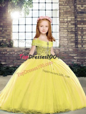 Elegant Lace Up Pageant Gowns For Girls Yellow for Party and Sweet 16 and Wedding Party with Beading Brush Train