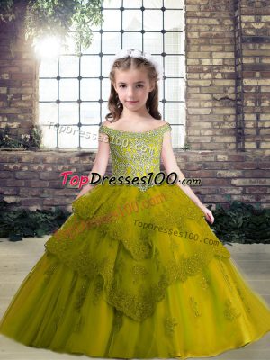 Off The Shoulder Sleeveless Tulle Pageant Dress for Teens Beading and Appliques Lace Up
