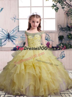 Wonderful Yellow Organza Lace Up Little Girls Pageant Dress Sleeveless Floor Length Beading and Ruffles