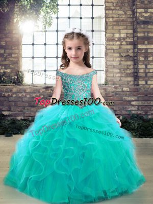 Sleeveless Tulle Floor Length Lace Up Pageant Dress for Teens in Aqua Blue with Beading and Ruffles