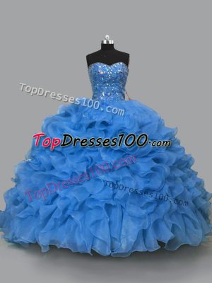 Customized Blue Sleeveless Organza Lace Up Quinceanera Gowns for Sweet 16 and Quinceanera