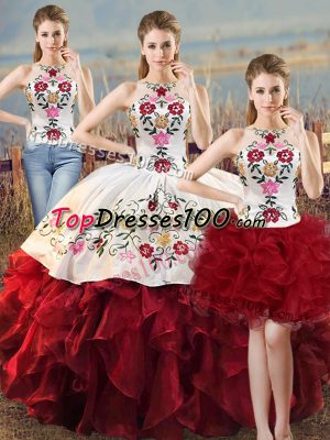 White And Red Organza Lace Up 15th Birthday Dress Sleeveless Floor Length Embroidery and Ruffles