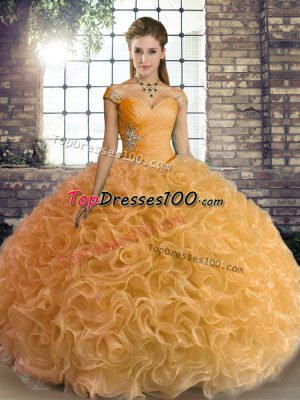 Gold Ball Gowns Beading Quinceanera Dresses Lace Up Fabric With Rolling Flowers Sleeveless Floor Length