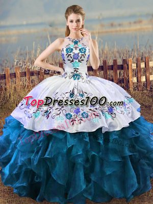Halter Top Sleeveless Lace Up Quinceanera Gowns Blue And White Organza