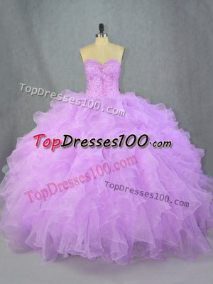 Best Selling Lavender Sleeveless Floor Length Beading and Ruffles Lace Up Quinceanera Gown