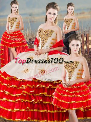 Beauteous Sweetheart Sleeveless Quinceanera Gowns Floor Length Beading and Ruffled Layers White And Red Organza