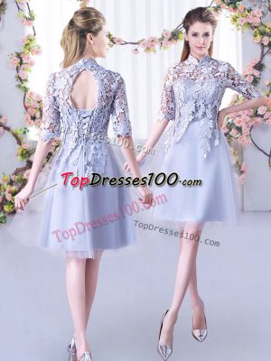 Unique Grey High-neck Neckline Lace Court Dresses for Sweet 16 Half Sleeves Lace Up