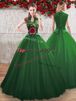 Glamorous Green Sleeveless Hand Made Flower Floor Length Quince Ball Gowns