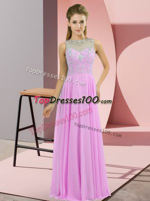 Modest Lilac Sleeveless Floor Length Beading Zipper Prom Dress
