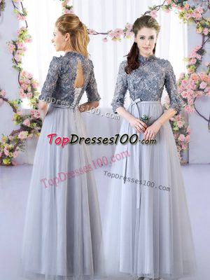 Grey High-neck Lace Up Appliques Damas Dress Half Sleeves