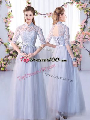 Top Selling Tulle High-neck Half Sleeves Lace Up Lace Quinceanera Court of Honor Dress in Grey