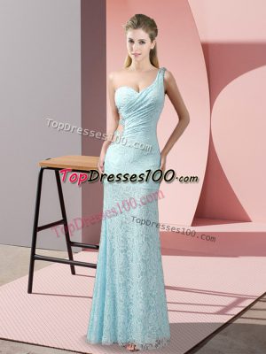 Floor Length Criss Cross Prom Evening Gown Light Blue for Prom and Party with Beading and Lace