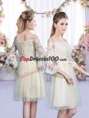 Flare Tulle Off The Shoulder 3 4 Length Sleeve Lace Up Lace and Bowknot Court Dresses for Sweet 16 in Champagne