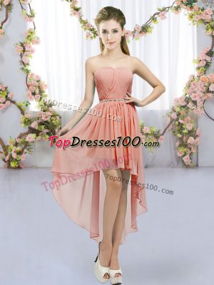Amazing High Low Peach Quinceanera Court of Honor Dress Sweetheart Sleeveless Lace Up