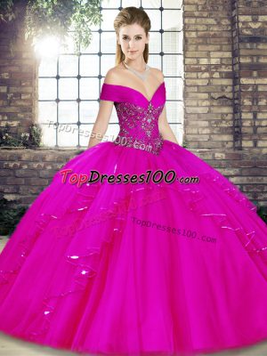 Luxurious Fuchsia Lace Up Off The Shoulder Beading and Ruffles Quinceanera Gowns Tulle Sleeveless