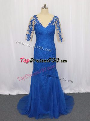 Blue 3 4 Length Sleeve Tulle Brush Train Zipper Prom Evening Gown for Prom and Party and Military Ball