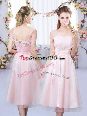 Affordable Baby Pink Empire Lace and Belt Damas Dress Lace Up Tulle Short Sleeves Tea Length