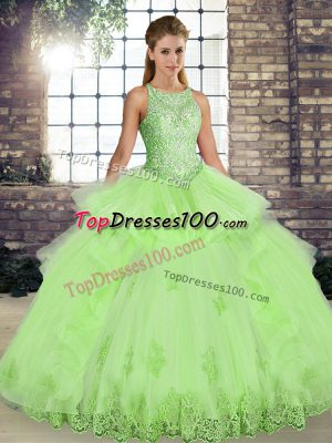 Exceptional Yellow Green Ball Gowns Lace and Embroidery and Ruffles Sweet 16 Dress Lace Up Tulle Sleeveless Floor Length