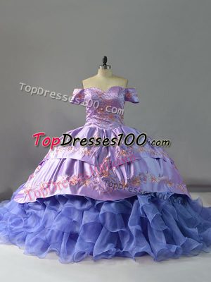 Customized Lace Up 15th Birthday Dress Lavender for Sweet 16 and Quinceanera with Embroidery and Ruffles Chapel Train