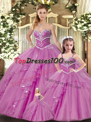 Sleeveless Tulle Floor Length Lace Up Sweet 16 Dresses in Lilac with Beading