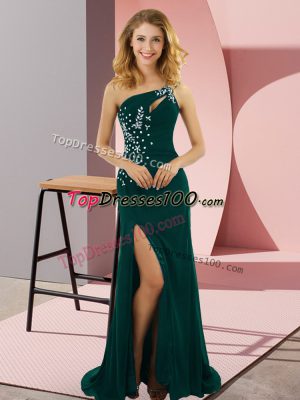 Hot Sale Peacock Green Prom Dress Prom and Party with Beading One Shoulder Sleeveless Sweep Train Lace Up