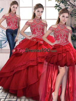Beautiful Red Quinceanera Dresses Organza Sleeveless Beading and Ruffles