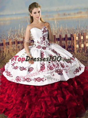 Low Price Red Sleeveless Floor Length Embroidery and Ruffles Lace Up Sweet 16 Dress
