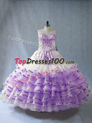 Ball Gowns Quince Ball Gowns White And Purple Sweetheart Organza Sleeveless Floor Length Lace Up