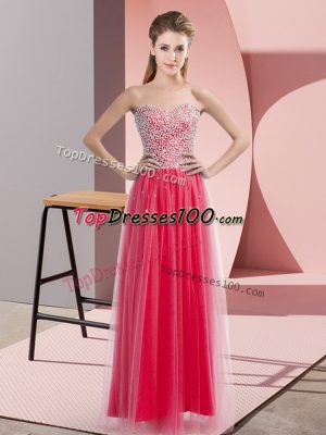 Best Selling Coral Red Tulle Lace Up Evening Dress Sleeveless Floor Length Beading