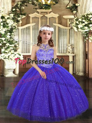 Royal Blue Ball Gowns Halter Top Sleeveless Tulle Floor Length Lace Up Beading Pageant Dress for Girls